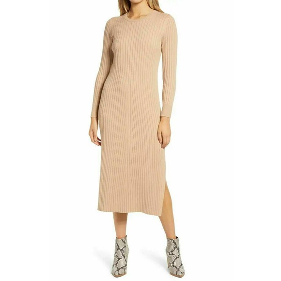 Wayf X Bff Hollie Women's Long Sleeve Crew Neck Bow Tie Sweater Dress Tan L, NWT - Picture 1 of 4